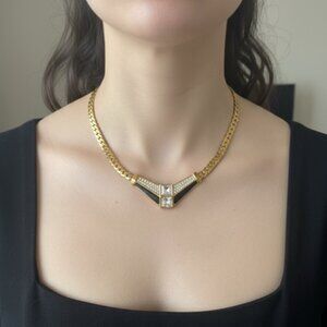 Gold-Tone Statement Necklace with Black Enamel and Rhinestones – Vintage 1980s